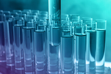 Test tubes with liquid, closeup. Color toned