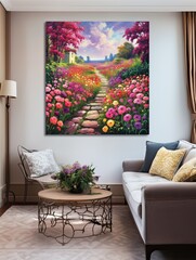 Vintage Landscape Canvas: Lush Floral Garden Paths and Garden Wall Art