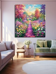 Lush Floral Garden Paths Wall Canvas: Vintage Art of a Vibrant Flower Field