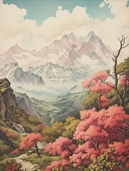 Majestic Mountaintop Vintage Print: Overlooking a Picturesque Mountain Landscape - Wall Decor