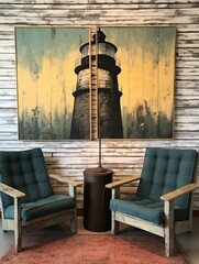 Nautical Lighthouse Silhouettes Wall Decor: Vintage Coastal View Painting
