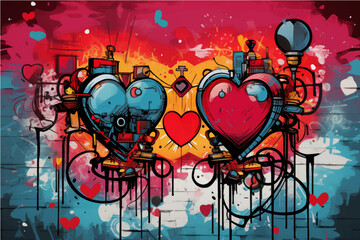 colorful hearts in graffiti style for Valentine's Day, Valentine's Day postcard, generative AI
