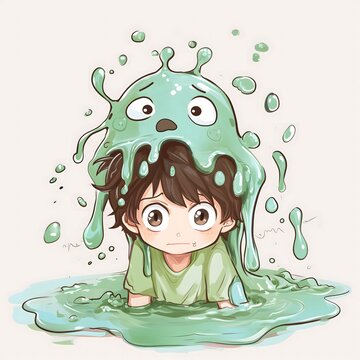 Chibi cartoonish drawing of a young anime brunette boy playing with a green slime creature on his head. Concepts of play, slime, chibi anime and innocence.