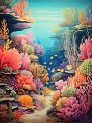 Fototapeta na wymiar Coral Reef Explorations: Vintage Art, Marine Life Wall Decor, Ocean Scene - Vibrant Nautical Delight