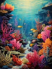 Fototapeta na wymiar Vibrant Coral Reef Explorations: Vintage Artwork, Wall Canvas of Marine Life
