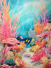 Fototapeta na wymiar Vintage Coral Reef Explorations: Vibrant Ocean Art on Canvas for Marine Scene Wall D�cor