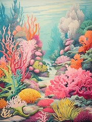 Fototapeta na wymiar Vibrant Coral Reef Explorations: Vintage Painting for Ocean Wall Art - Marine Print