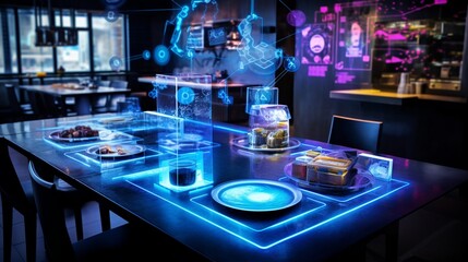 A high-tech dining area with interactive holographic menus. - obrazy, fototapety, plakaty
