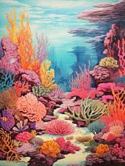 Coral Reef Explorations: Vintage Painting � Vibrant Wall Art for Marine Decor