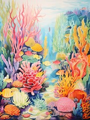 Fototapeta na wymiar Vibrant Coral Reef Explorations: Vintage Painting - Wall Art & Marine Decor