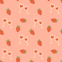 Fototapeta na wymiar Valentine's Day Romantic Seamless Pattern with playful and whimsical illustrations of heart, love, strawberry, wine elements