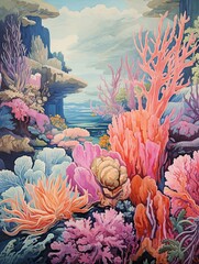 Vibrant Coral Reef Explorations Wall Canvas: Marine Life Vintage Painting Ocean Art