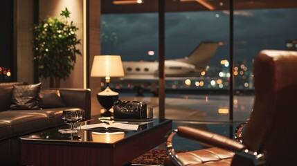 With the city lights shining below and the private jet soaring above, this business suite offers a tranquil setting for productive work or simply admiring the urban landscape from a birds - Powered by Adobe