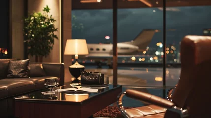 Papier Peint photo Marron profond With the city lights shining below and the private jet soaring above, this business suite offers a tranquil setting for productive work or simply admiring the urban landscape from a birds