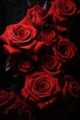 Lush Roses on Reflective Surface - Velvety Petals and Dark Backdrop, Valentine's Day Concept