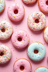 Frosted Donuts with Heart Sprinkles - Sweet Array on Pink Background, Valentine's Day Concept