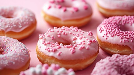 Frosted Donuts with Heart Sprinkles - Sweet Array on Pink Background, Valentine's Day Concept