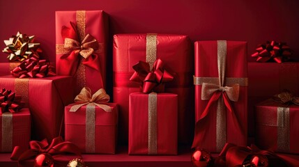 Elegant Red Gift Boxes - Sophisticated Packaging with Golden Accents, Valentine's Day Concept