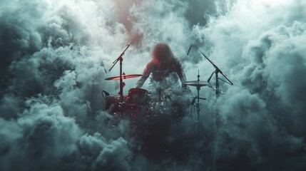 A heavy metal drummer emerges from a thick fog of smoke commanding attention with his intense playing and dynamic presence