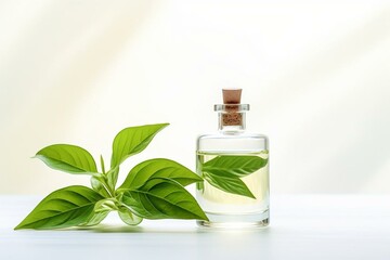 Bottle of plant essence with leaf on a white background. Generative AI