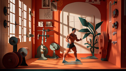 A gym is the setting for a paper cut-out weightlifter, the stark contrast . 3D-rendered