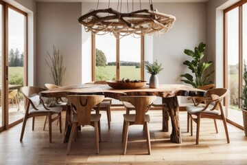 Interior home design of modern dining room with rustic tree trunk edged wooden chairs and tables with wooden furniture by the window