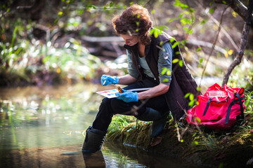 Alkalinity Test of Water Stream and Data Collection for a Female Biology Researcher on Field in...