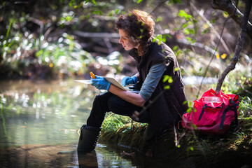 Confident Mid Adult Woman Biology Researcher Collecting Water Data Pollution on Field in a Forest...
