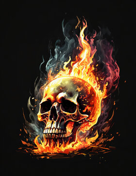 burning skull isolated on black background
