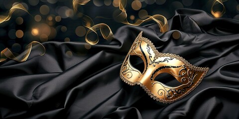 Carnival masks on dark satin fabric background. Beautiful masks in black and gold colors with copy space. Carnival and diversity party concept.