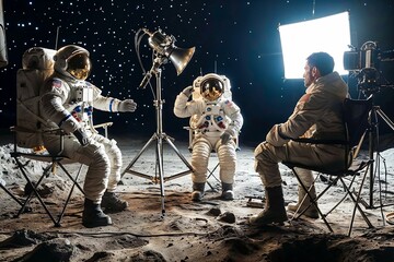 Astronaut actors on a movie set, artist's impression, fake moon landing conspiracy theory - obrazy, fototapety, plakaty