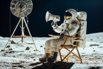 Astronaut actor with a megaphone sitting in director's chair on a movie set, artist's impression, fake moon landing conspiracy theory