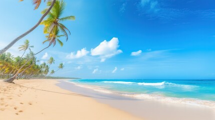 beautiful beach and tropical sea with green coconut trees, clear blue sky - obrazy, fototapety, plakaty