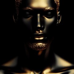 3d rendering of a male face with golden skin on a black background 