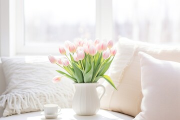 A beautiful living room decorated with cushions in light tones with fresh tulips. Close-up of living room in spring decoration in light colors minimalist style.