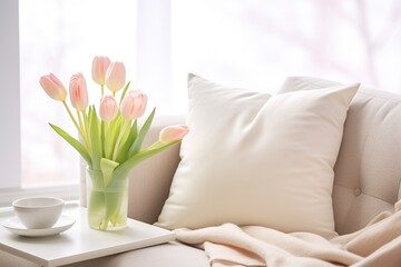 A beautiful living room decorated with cushions in light tones with fresh tulips. Close-up of living room in spring decoration in light colors minimalist style.