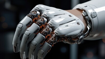 An extreme closeup of a robot and its creators hands, emphasizing the seamless fusion between human and machine in the advancement of robotics and AI technology. - obrazy, fototapety, plakaty