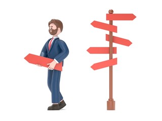 Choose the direction. Directinal concept, 3D illustration in cartoon design.3D illustration of bearded american businessman Bob.3D rendering on white background.
 - obrazy, fototapety, plakaty