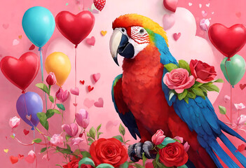 Macaw parrot (Ara macao) on a festive balloons background