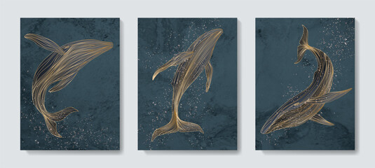 Bilder mit Rahmen Art set with posters with watercolor texture with whales in golden line art style. Animalistic vector background for wallpaper, packaging, interior design, textiles.