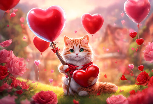 Little cute red kitten holding the recurve bow and heart of love in his paws on a festive heart shaped balloons and rose flowers background