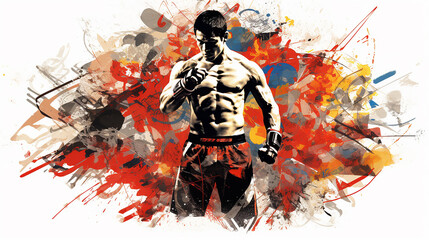 A collage style illustration of a mixed martial artist, symbolizing various disciplines of the sport