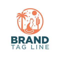 Logo Design Concept Cat In Desert Vector Illustration. Simple Logo Desain Isolated On White Background.