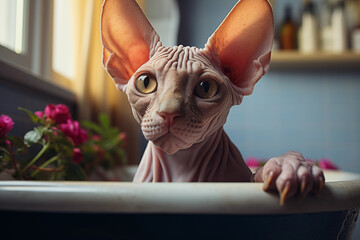 Portrait of a Sphynx Cat in a bathtub