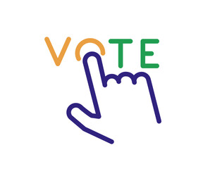 India election voting vector icon: hand pointing to 'O' in 'VOTE' with thin line design, in blue, orange, and green colors, representing Indian voting