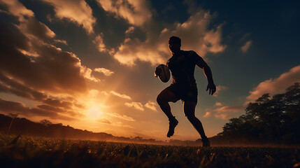 A rugby players silhouette charging forward, the sunset creating a halo of light around the action