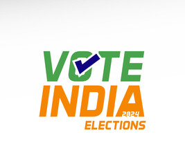 Vote India 2024 Elections. Vector text in blue, orange and green with a checkmark in the 'O' of 'Vote,' representing the Indian general election in 2024.