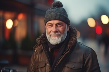 Portrait of a senior man in a warm hat and coat on the street.