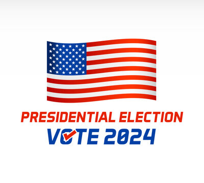 Presidential Election Vote 2024. Vector text in the colors of the USA flag – red, white, and blue – with a checkmark in the 'O' of 'Vote.'  United States of America's presidential election in 2024.