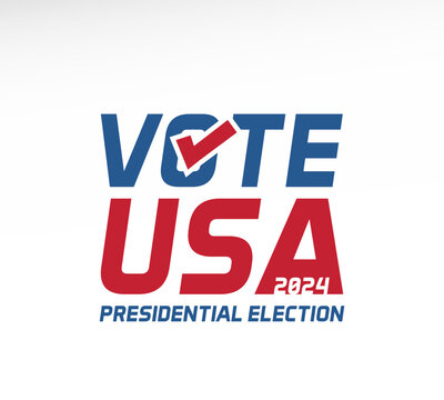 Vote USA 2024 Presidential Election. Vector text in red and blue with a checkmark in the 'O' of 'Vote,' symbolizing the American presidential election in 2024
